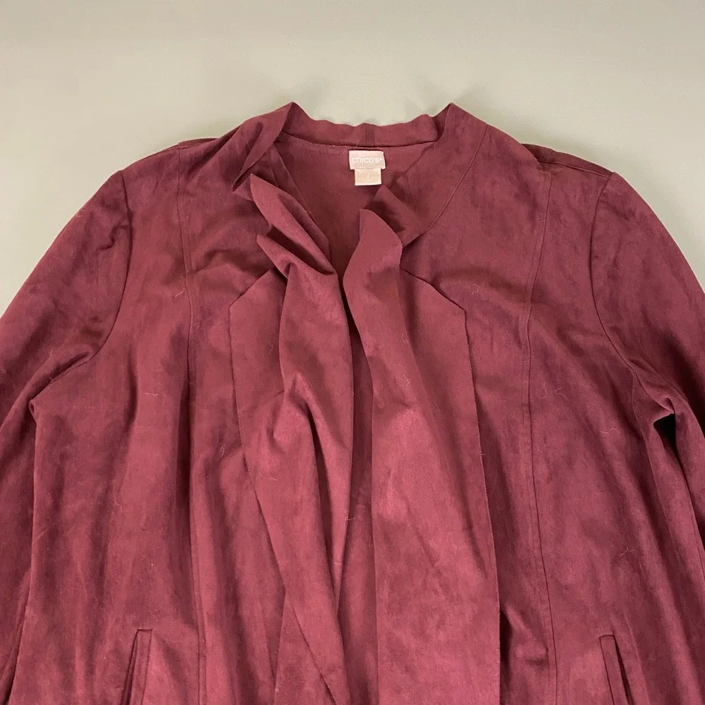Chicos Cardigan Jacket Size‎ 3 (US XL 16 18) Burgundy Faux Suede Open Front